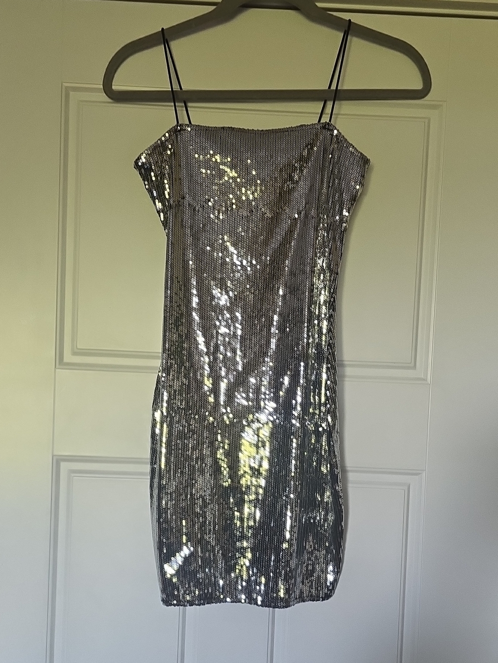 Fashinova Silver Sequin Slip Dress with Spaghetti Straps. Stretches.